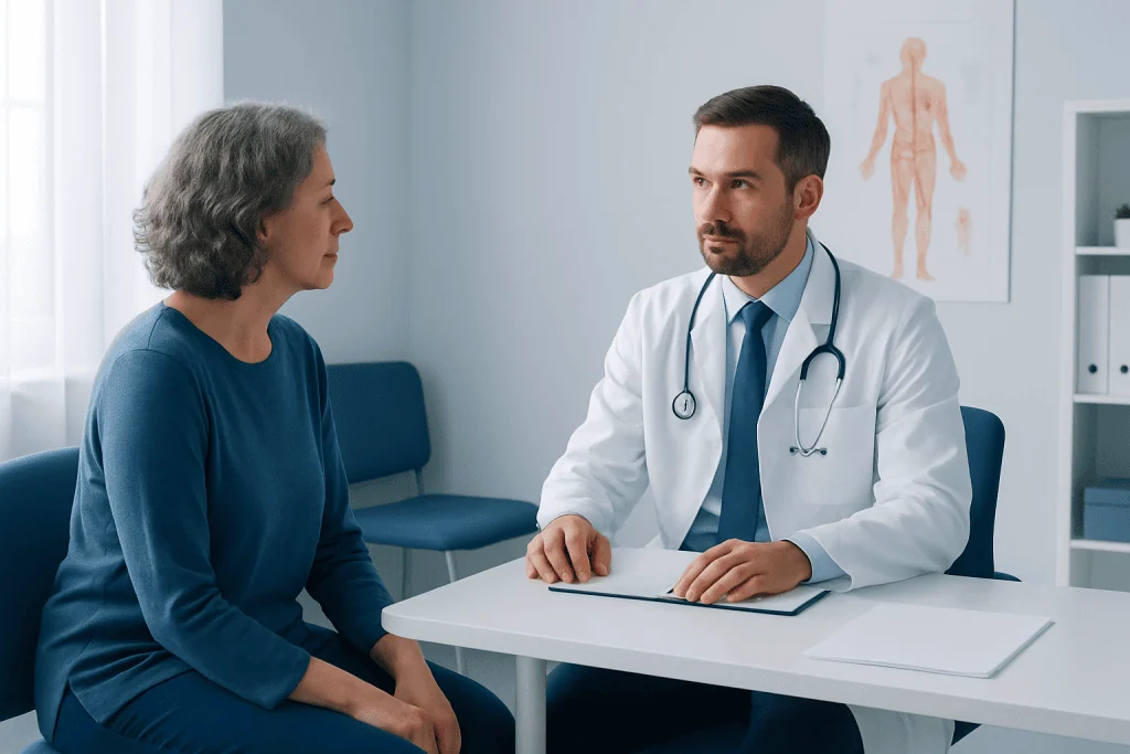 Doctor consulting with an elderly female patient in a medical office.