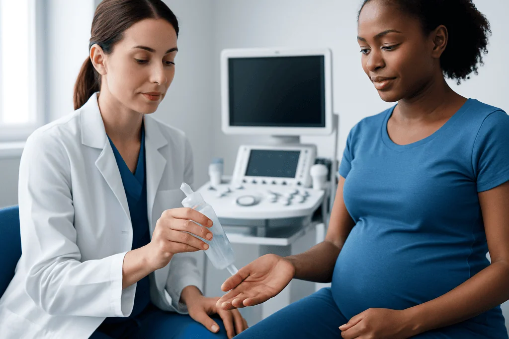 Doctor applying lubricant to pregnant woman's hand in medical setting.