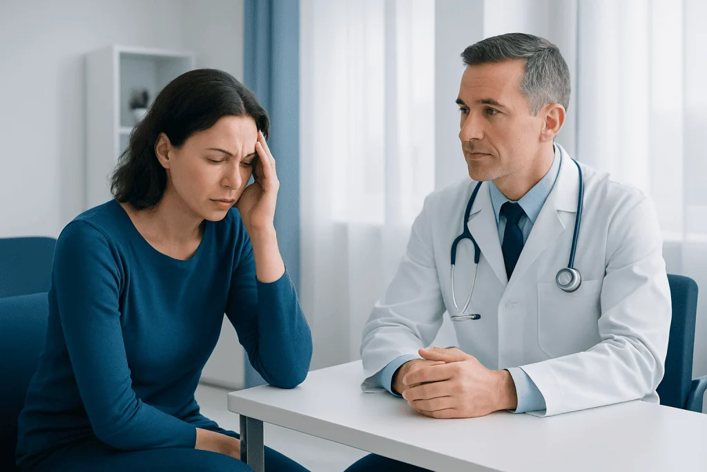 Woman experiencing headache during medical consultation at Acibadem Hospital.