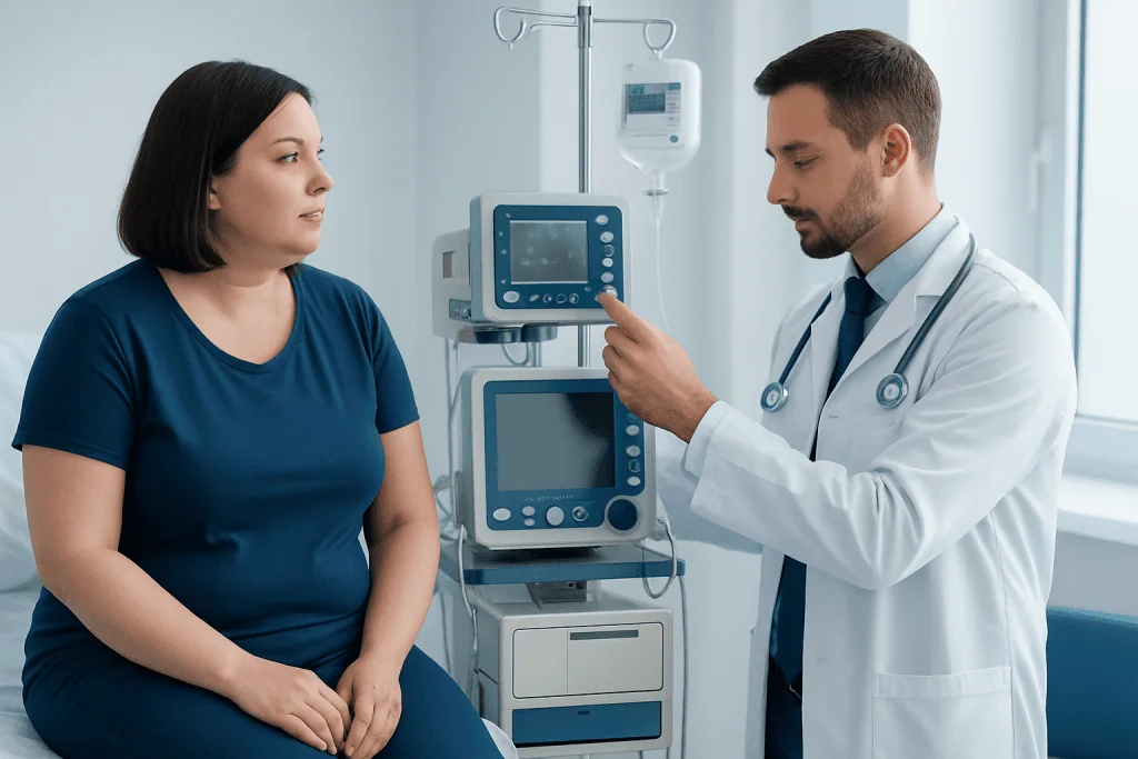 Doctor explaining medical information to a female patient in a hospital room.