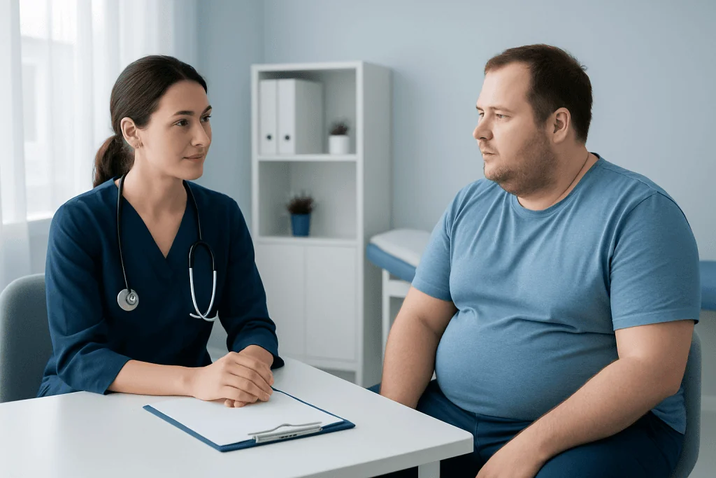 Doctor consulting with a male patient in a medical office.