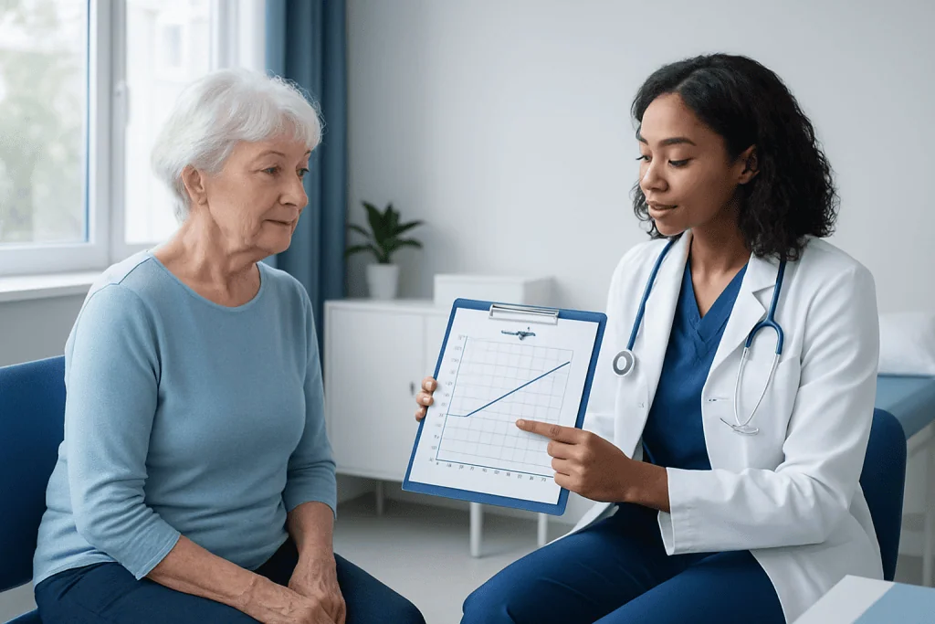 Doctor explaining health data to elderly woman in a medical consultation.