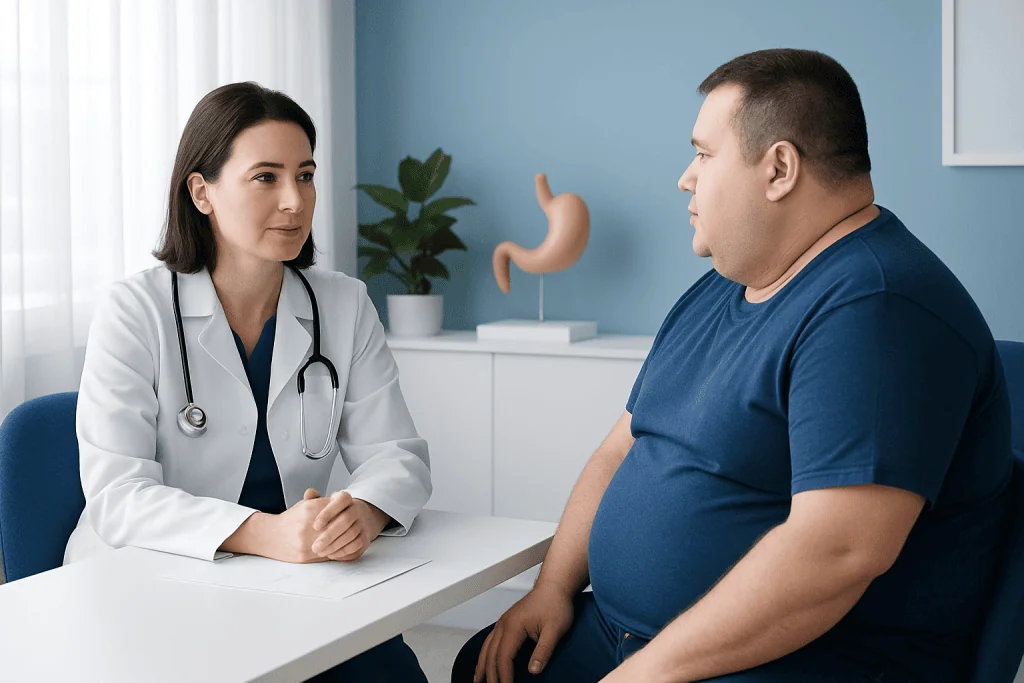 Doctor consulting with overweight patient in a medical office.