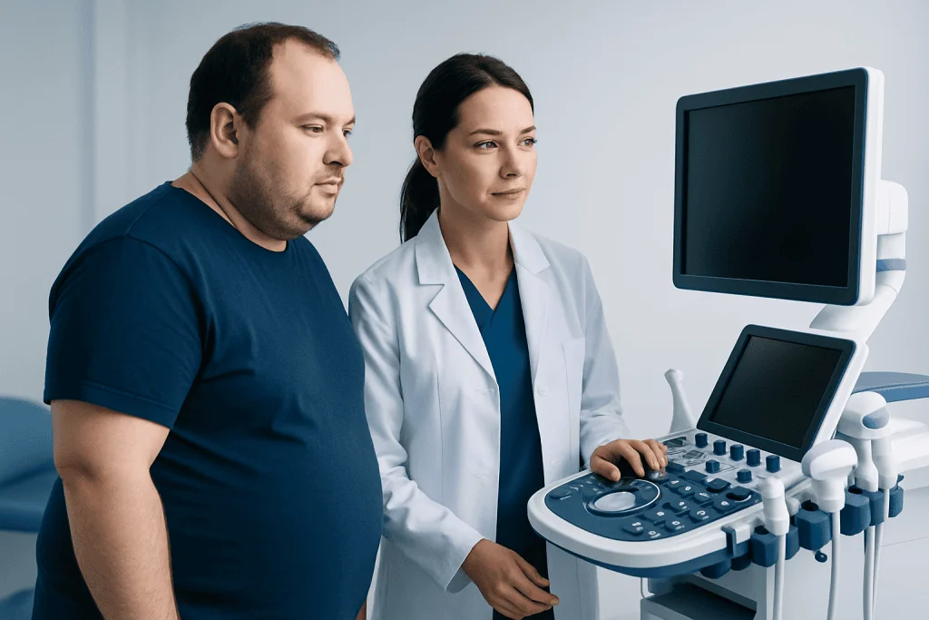 Medical professional explains ultrasound results to a patient in a hospital.