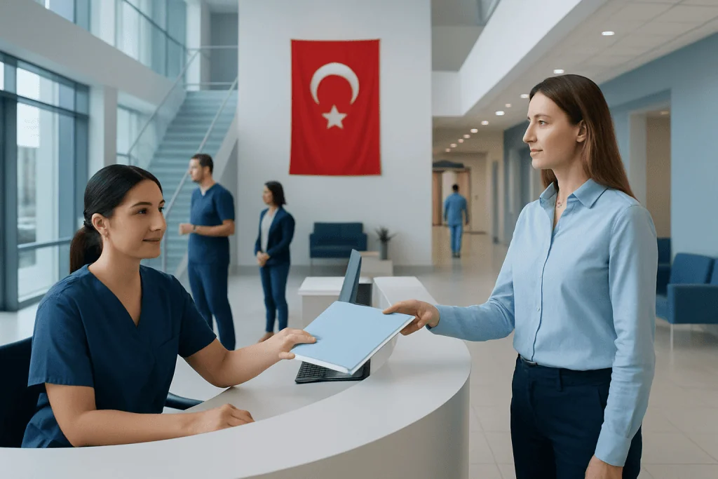 Sending Medical Records to a Hospital in Turkey: What to Include and How to Organize Them 1 Patient handing over medical records at Acibadem Hospital reception in Turkey.