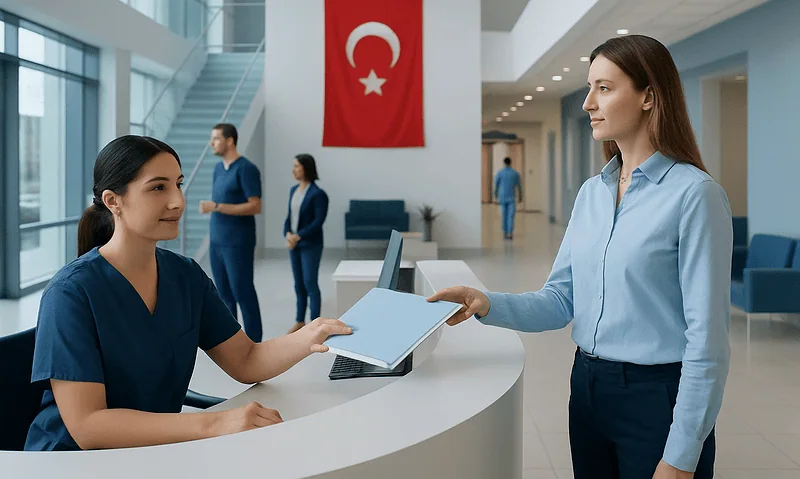 Patient handing over medical records at Acibadem Hospital reception in Turkey.