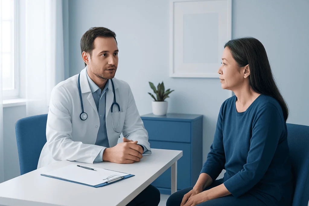 Doctor consulting with a female patient in a modern clinic setting.
