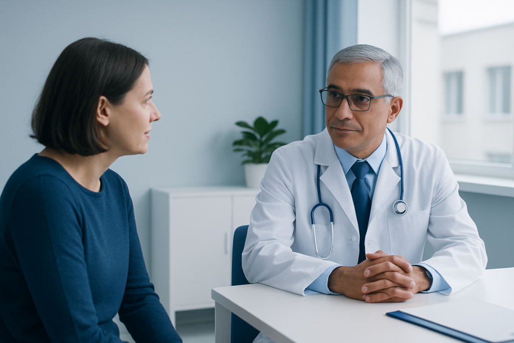 Doctor consulting with a female patient in a modern clinic setting.
