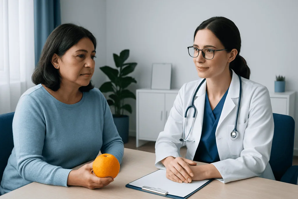 Doctor consulting with a patient holding an orange in a medical office.