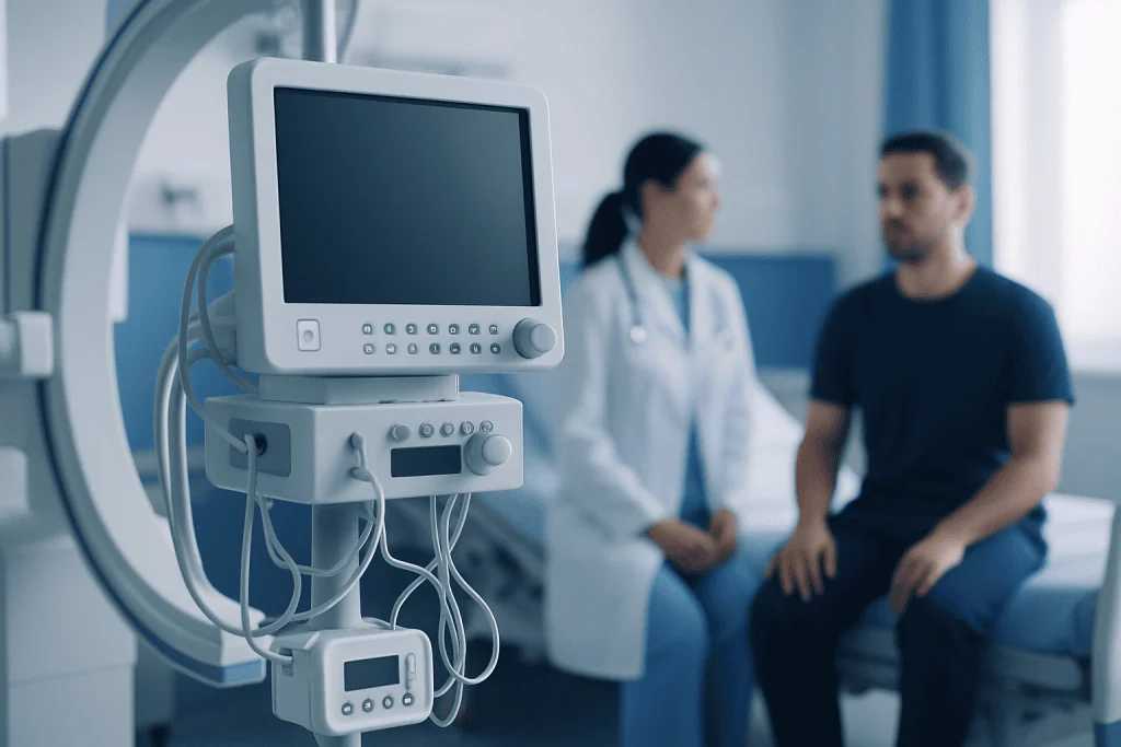 Medical monitor in a hospital room with a patient and doctor.