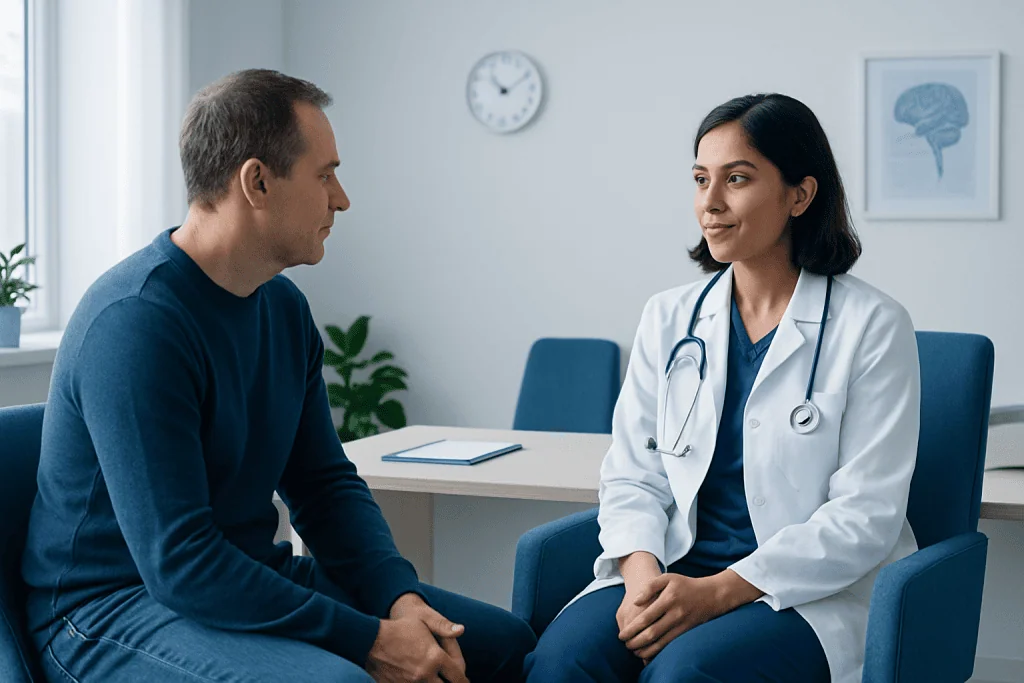 Doctor and patient having a consultation in a medical office.