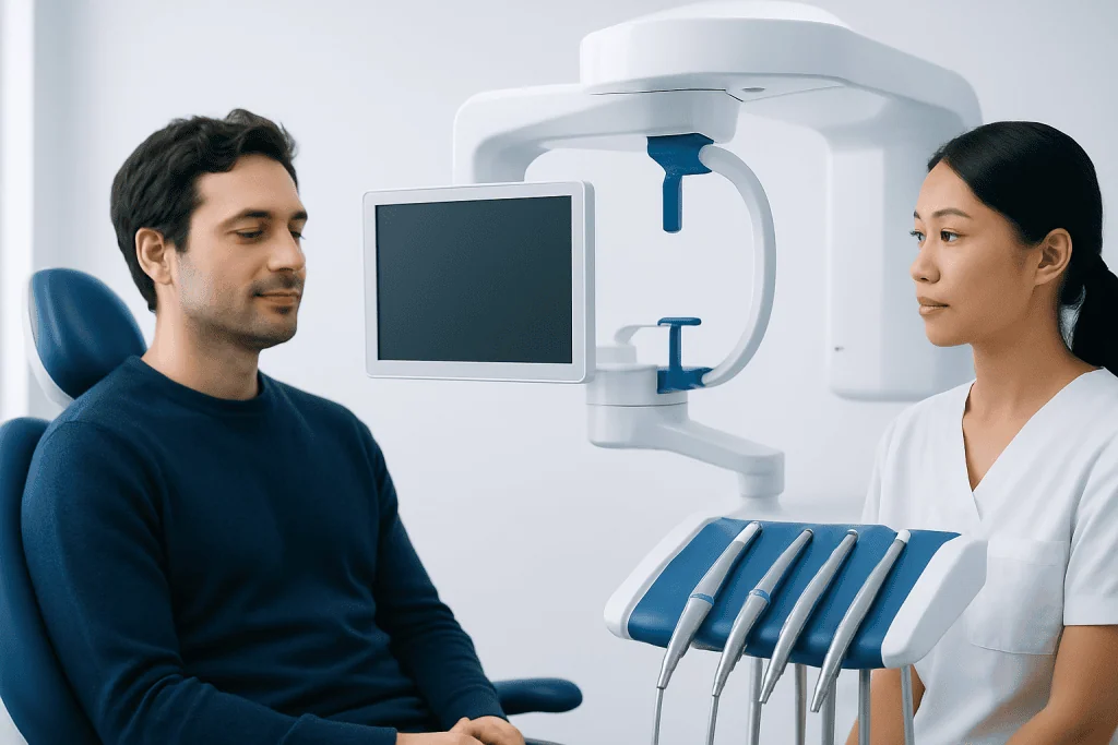 Patient undergoing dental imaging at Acibadem Hospital.