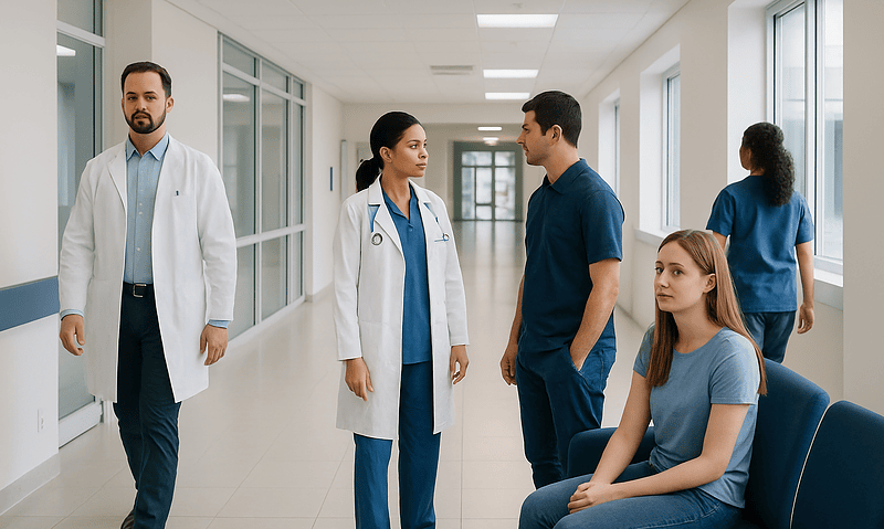 Medical team discussing patient care in hospital corridor.