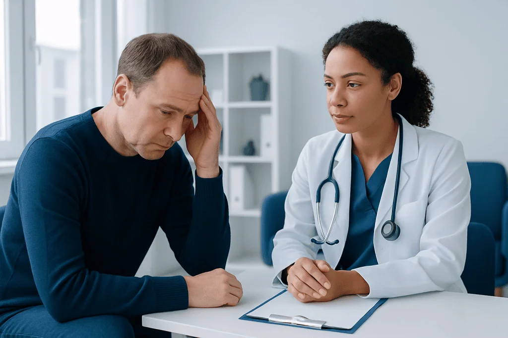 Doctor consulting with a patient about health concerns in a medical office.