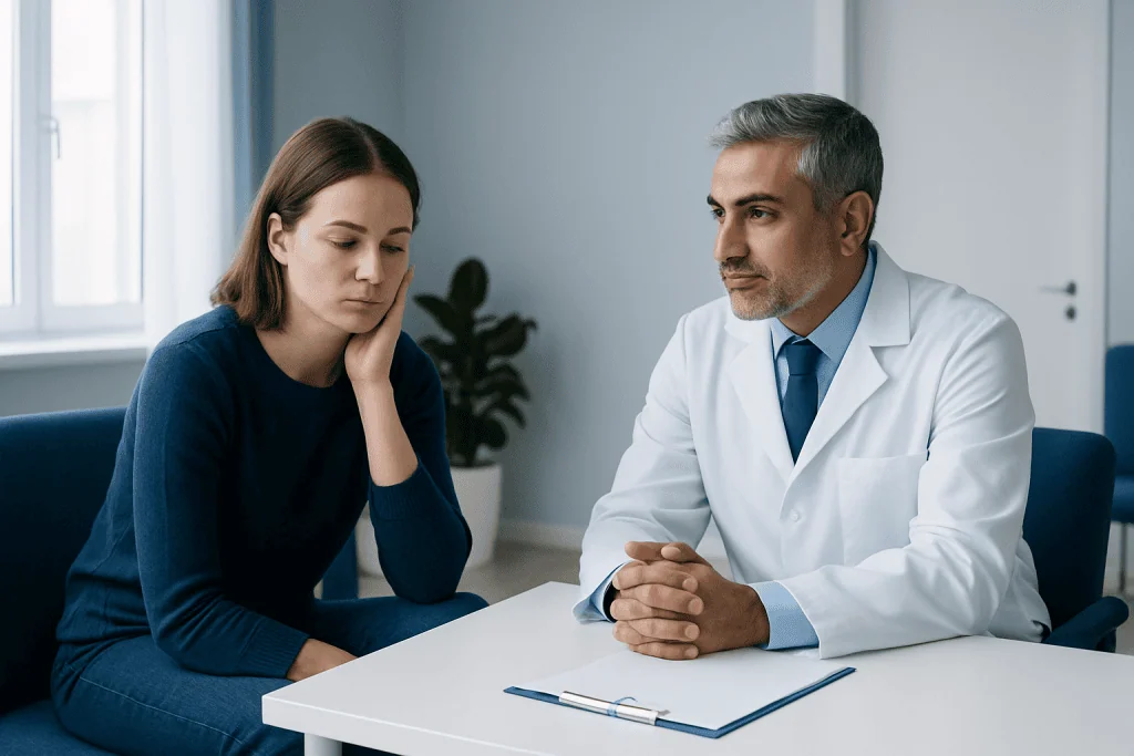 Doctor consulting with a patient about mental health concerns in a clinic setting.