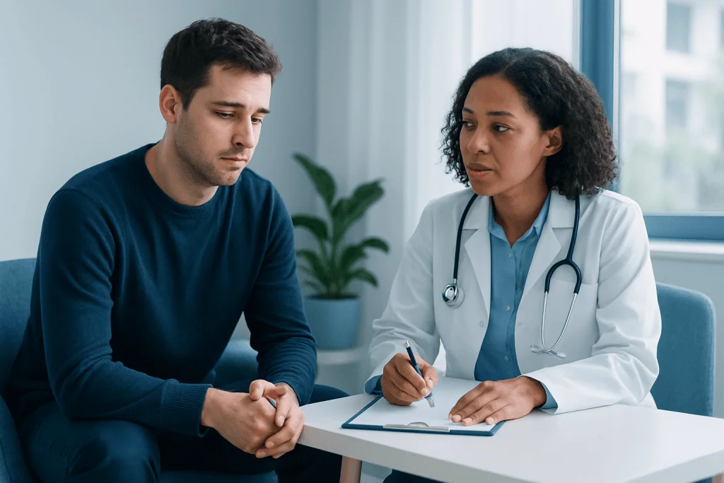 Doctor consulting with a young male patient in a medical office.