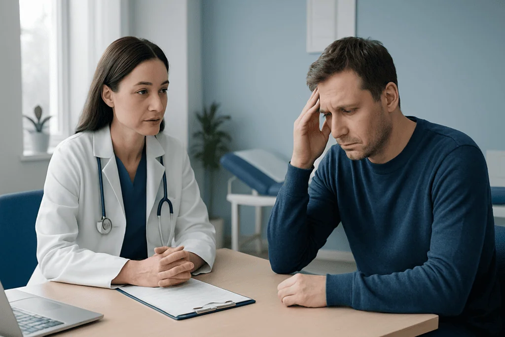 Doctor consulting with a patient about health concerns in a medical office.