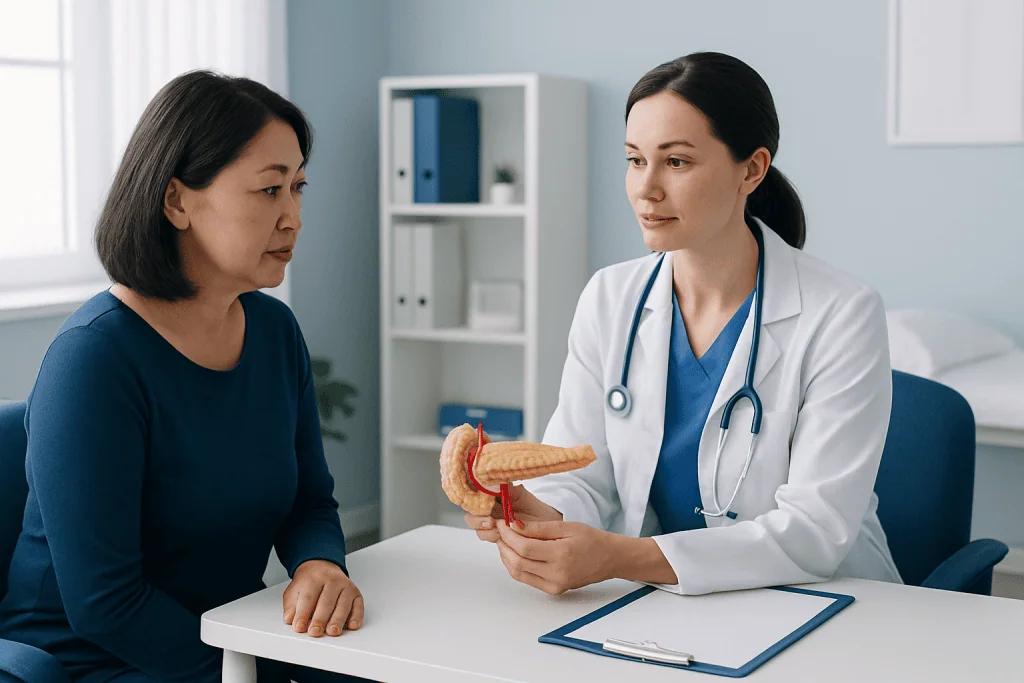 Doctor explaining pancreas anatomy to patient in consultation room.