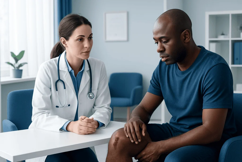 Doctor examining a patient's infected wound on his knee in a medical consultation.