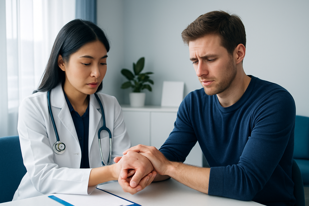 Doctor examining a patient's wrist for pain or injury.