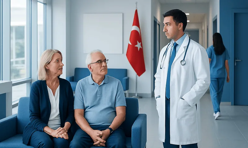 Doctor consulting with elderly patients in hospital lobby with Turkish flag.