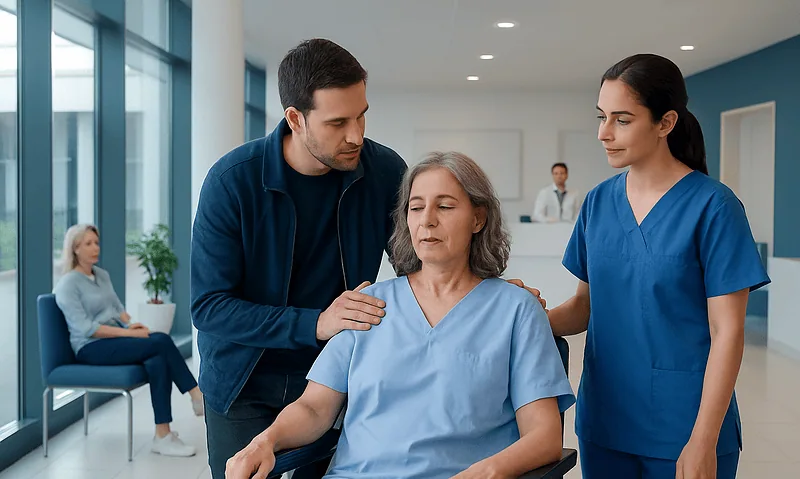 Patient in wheelchair with medical staff in hospital corridor.
