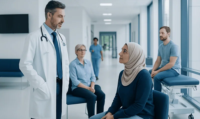 Doctor consulting with a female patient in a modern hospital corridor.