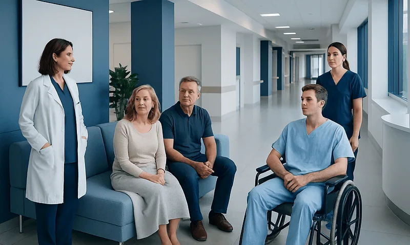 Hospital staff consulting with patients in a modern healthcare facility.