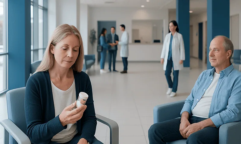 Medicines After Treatment in Turkey: What to Buy Before You Leave 6 Patient holding medication in hospital waiting area at Acibadem Hospitals Group.