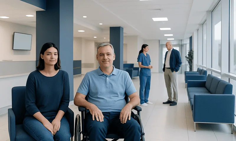 Patient in wheelchair with healthcare staff in modern hospital lobby.
