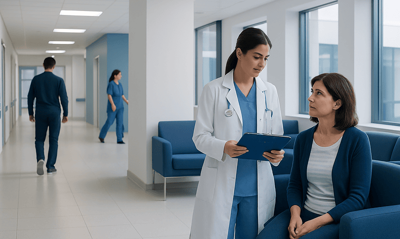 Doctor consulting with patient in hospital corridor.
