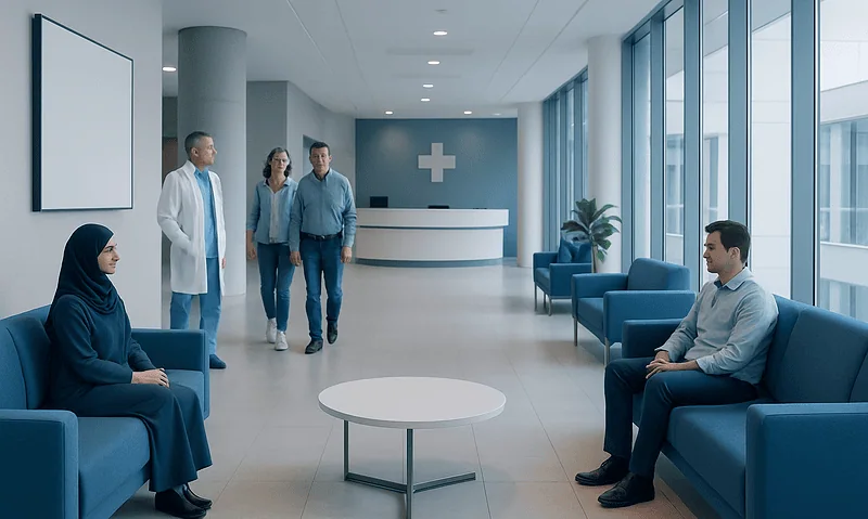 Modern hospital waiting area with patients and staff in a bright, spacious environment.