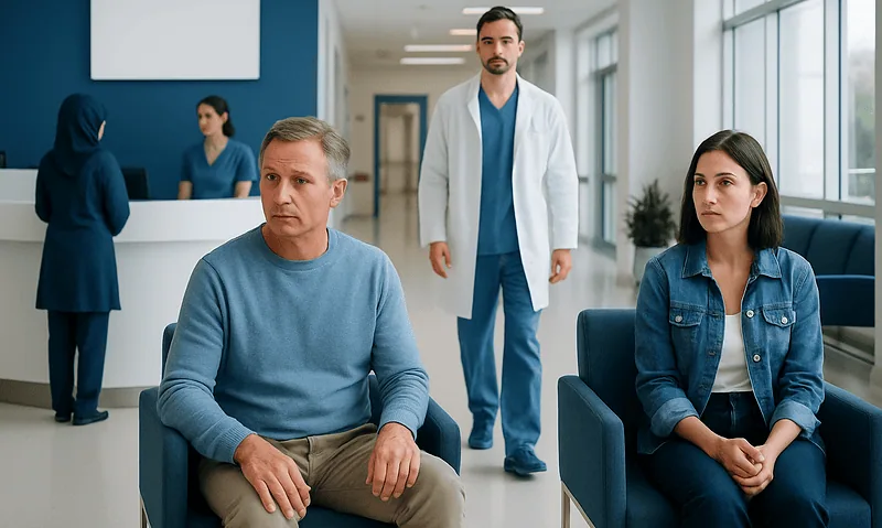 Patients waiting in a hospital reception area with medical staff nearby.