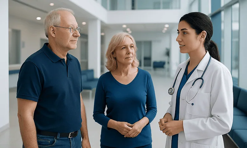 Blood Thinners Before Treatment in Turkey: What to Tell Your Care Team 6 Doctor consulting with elderly couple in hospital lobby.
