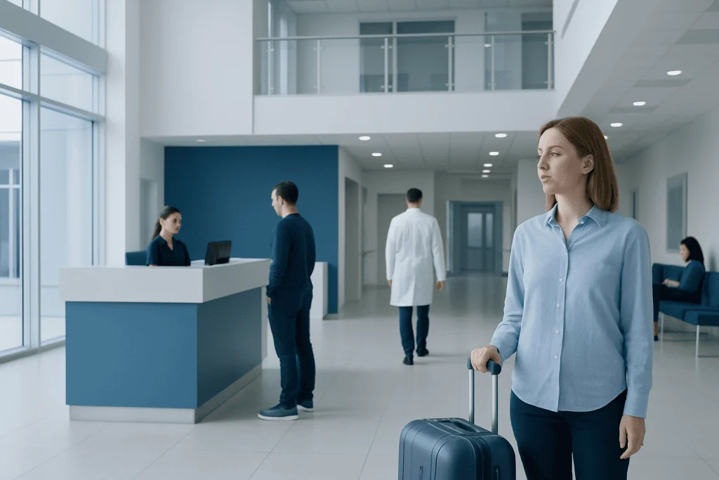 How to Prepare a Carry-On Bag for Treatment Travel to Turkey 1 Woman with luggage at hospital reception in modern healthcare facility.