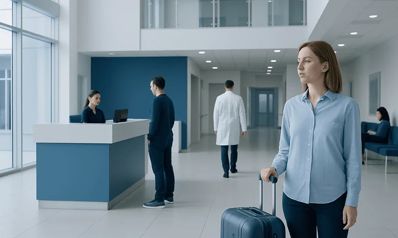 Woman with luggage at hospital reception in modern healthcare facility.