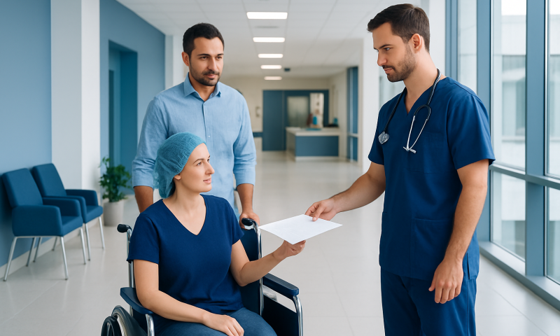 Hospital staff discussing discharge papers with a patient in wheelchair.