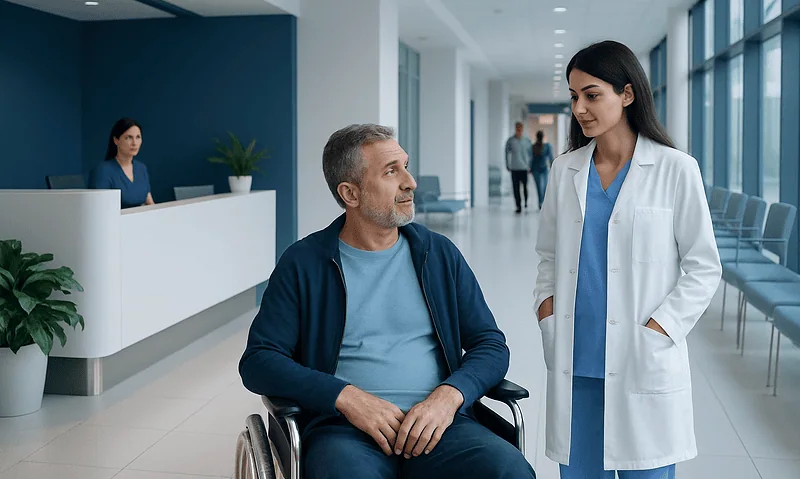 Patient in wheelchair talking to a doctor in hospital corridor.
