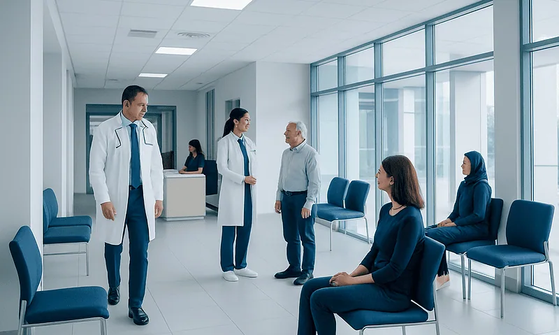 Medical consultation in a modern hospital waiting area with doctors and patients.