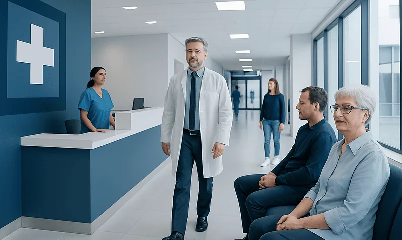 Medical professionals and patients in a modern hospital corridor with a prominent white cross sign.