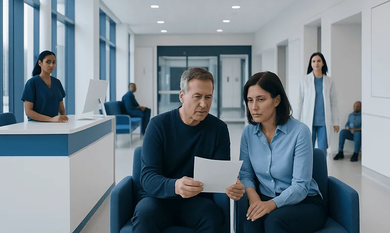Patients consulting with a doctor in a modern hospital waiting area.