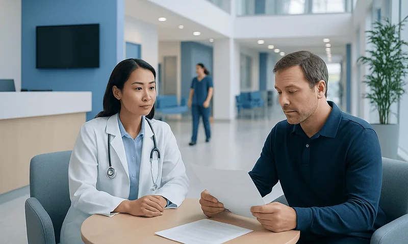 Doctor consulting with patient in hospital lobby.