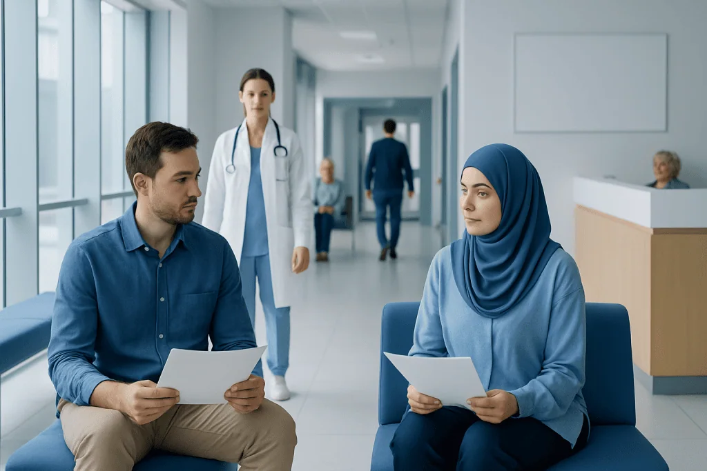Estimated Cost vs Final Bill in Turkey: Why Your Treatment Price Can Change 1 Patients consulting with a doctor in a modern hospital corridor.