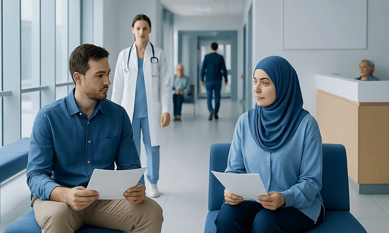 Patients consulting with a doctor in a modern hospital corridor.