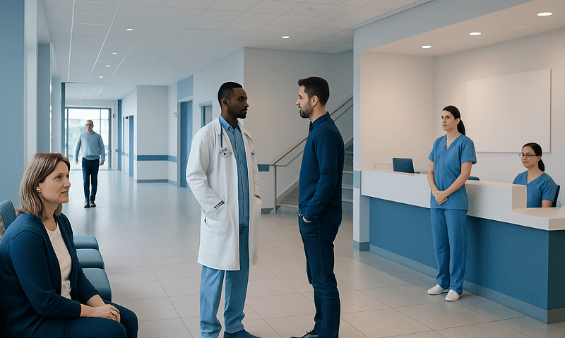 Doctors and patients in a modern hospital corridor at Acibadem Hospitals Group.