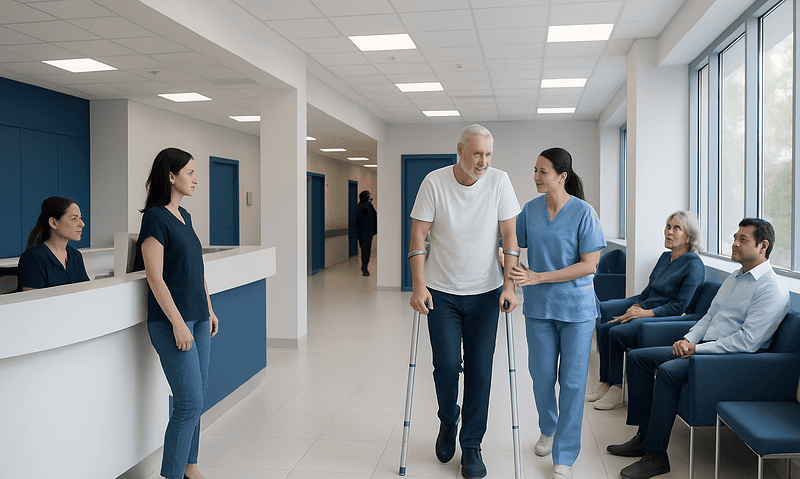 Elderly man with crutches being assisted by nurse in hospital corridor.