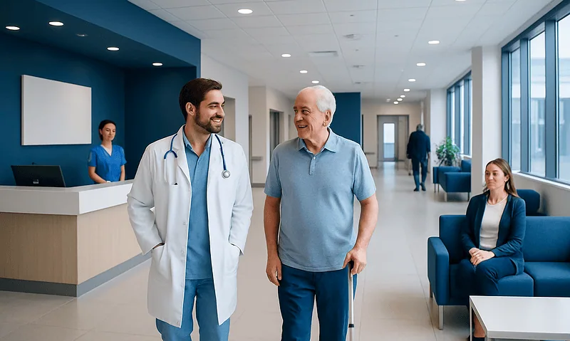 Doctor and patient smiling in hospital lobby with staff and waiting area.