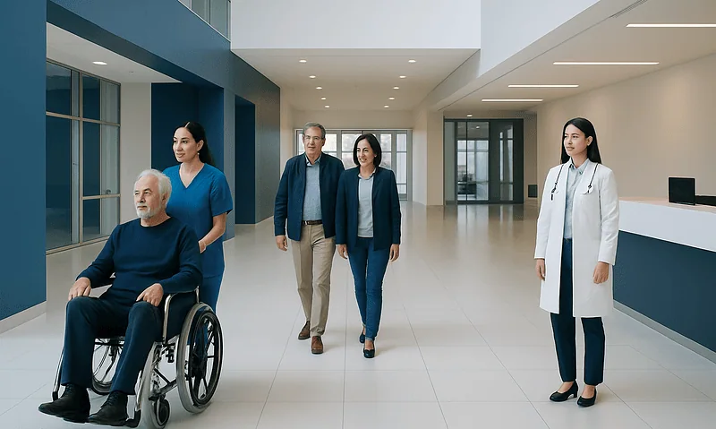Hospital staff and a patient in wheelchair walking in modern hospital corridor.