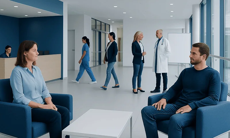 Patients and medical staff in a modern hospital waiting area.