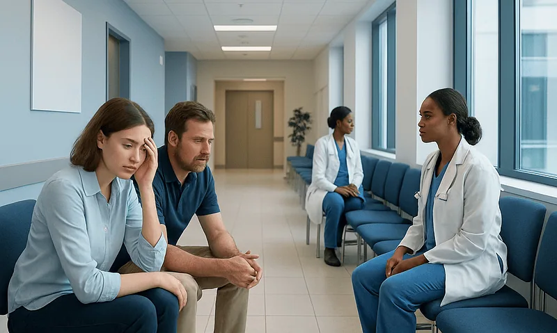 Patients waiting in a hospital corridor for medical consultation.